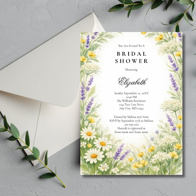 Invitation Lavender Daises Wildflowers Greenery Bridal Shower (Wildflowers ( Lavender, Daises ) Watercolor Greenery botanical Bridal Shower invitation. )