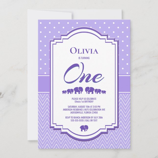 Invitation Lavender Elephants 1er anniversaire (Devant)