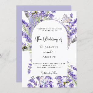 Invitation Lavender floral arche blanche script mariage