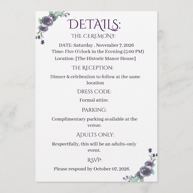 Invitation Lavender Floral Details Card (Dos)
