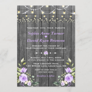 Invitation Lavender Floral Grange Bois Chaîne Lumières Mariag