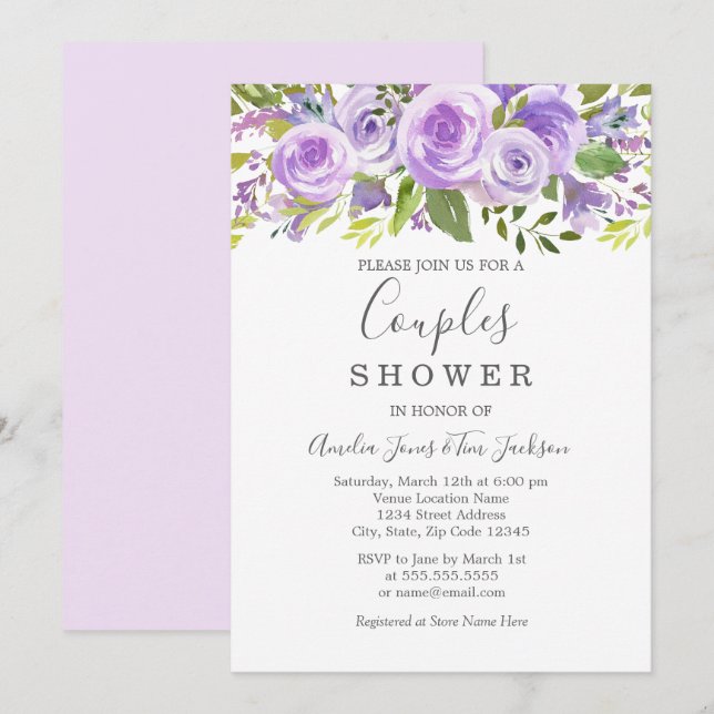 Invitation Lavender Floral Rose Couples Mariage Douche (Devant / Derrière)