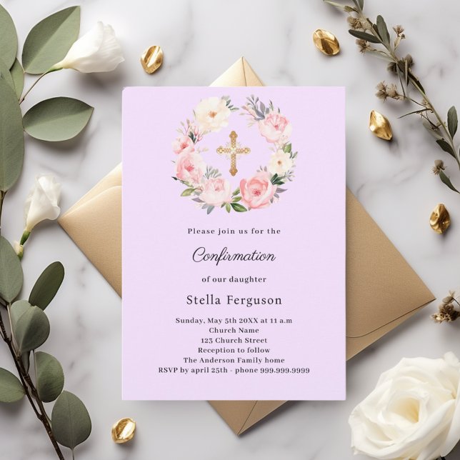 Invitation Lavender florals cross Confirmation (Créateur téléchargé)