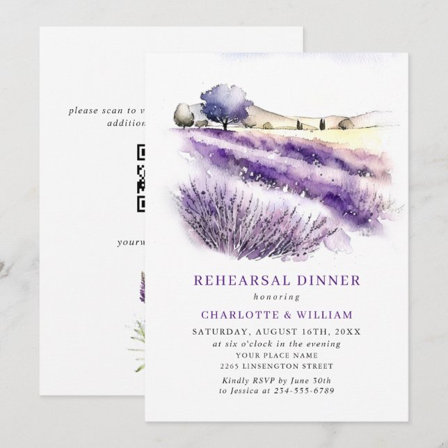 Invitation Lavender Flowers Field Rehearer Dîner Code QR (Devant / Derrière)