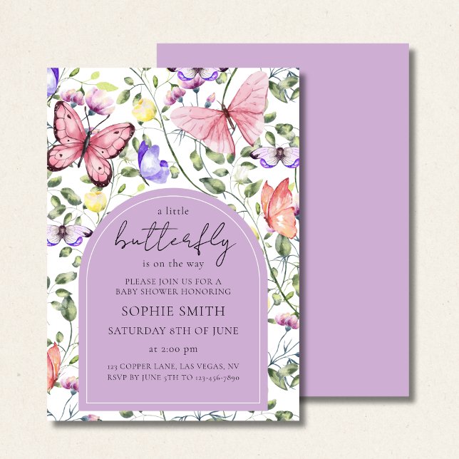 Invitation Lavender Fluttering Butterfly Greenery Baby Shower (Créateur téléchargé)