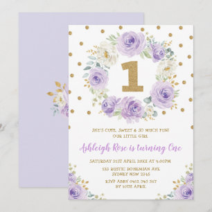 Invitation Lavender Gold Floral Rose 1er anniversaire Tea Par