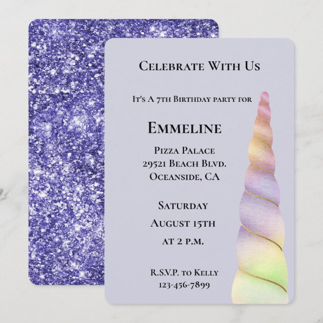 Invitation Lavender Gold Rose Purple Lime Unicorn Anniversair (Devant / Derrière)