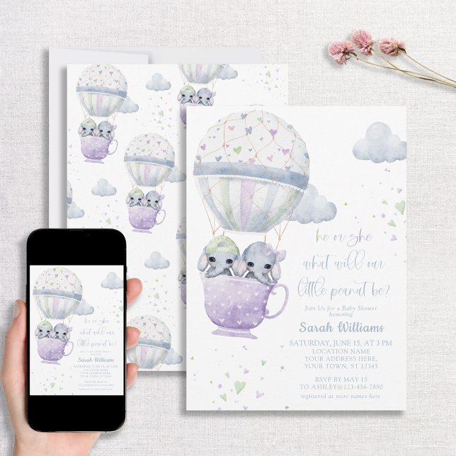 Invitation Lavender Green Genre Révéler Baby shower éléphant (Créateur téléchargé)