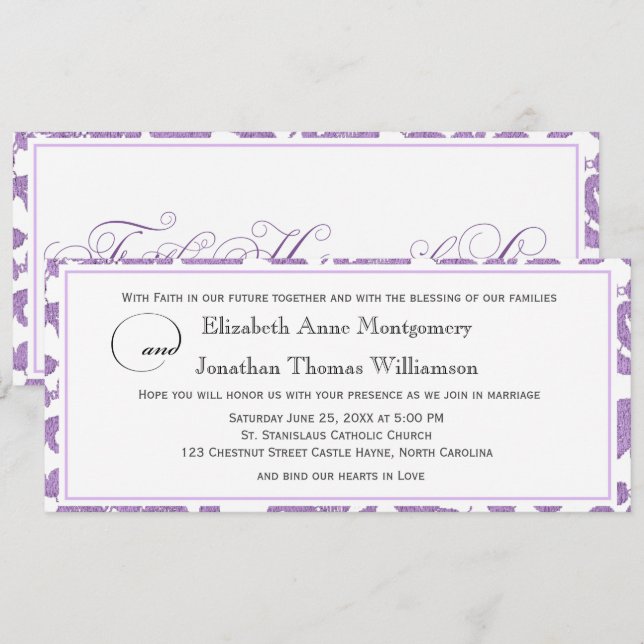 Invitation Lavender Lace Faith Hope Love Mariage horizontal (Devant / Derrière)