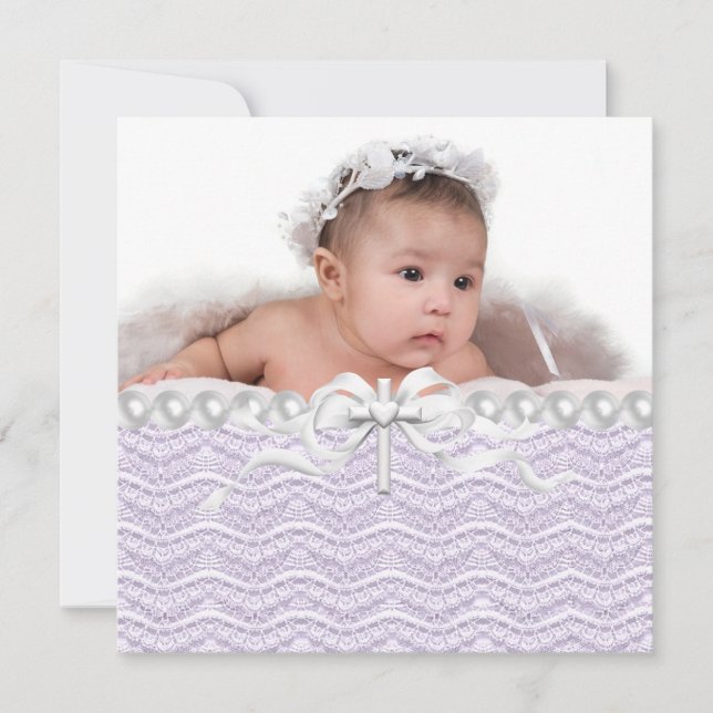 Invitation Lavender Lace Pearl Cross Christening (Devant)