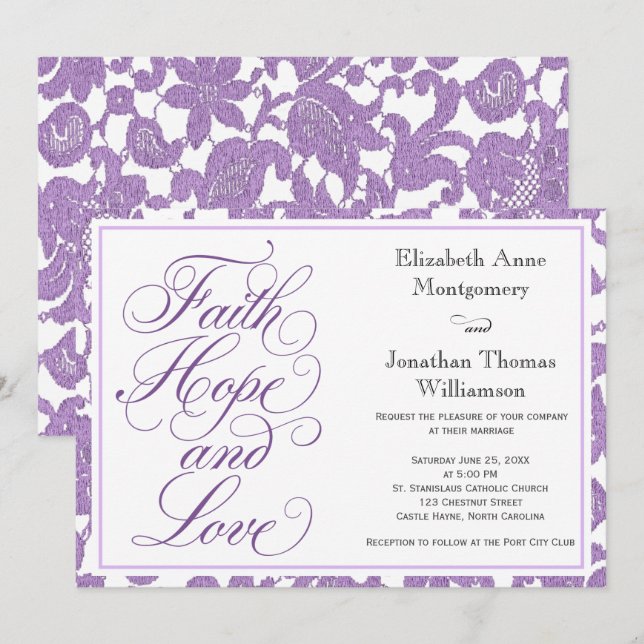 Invitation Lavender Lace Script Faith Hope & Love Mariage (Devant / Derrière)