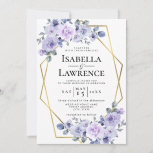 Invitation Lavender Lilac Floral Gold Frame Élégant Mariage