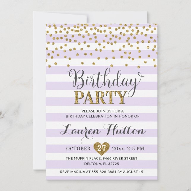 Invitation Lavender Lilac Gold Parties scintillant Élégante f (Devant)