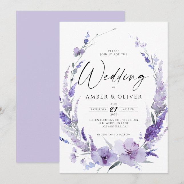 Invitation Lavender Lilac Violet Élégant Mariage moderne (Devant / Derrière)