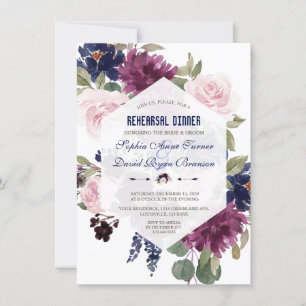Invitation Lavender Navy Blue Floral Bloom Dîner de répétitio