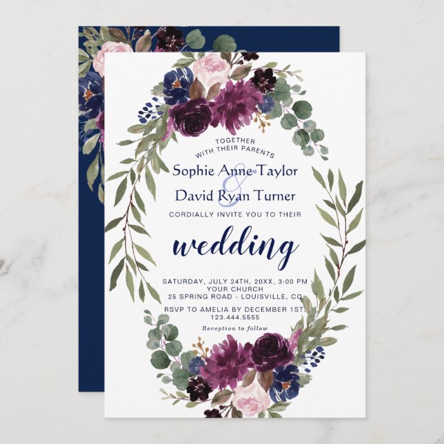 Invitation Lavender Navy Blue Floral Bloom Mariage (Devant / Derrière)