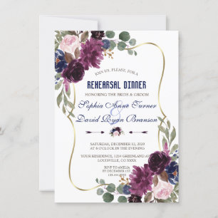 Invitation Lavender Navy Gold Floral Bloom Dîner de répétitio