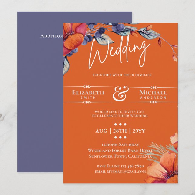 Invitation Lavender Orange Floral Mariage Moderne (Devant / Derrière)