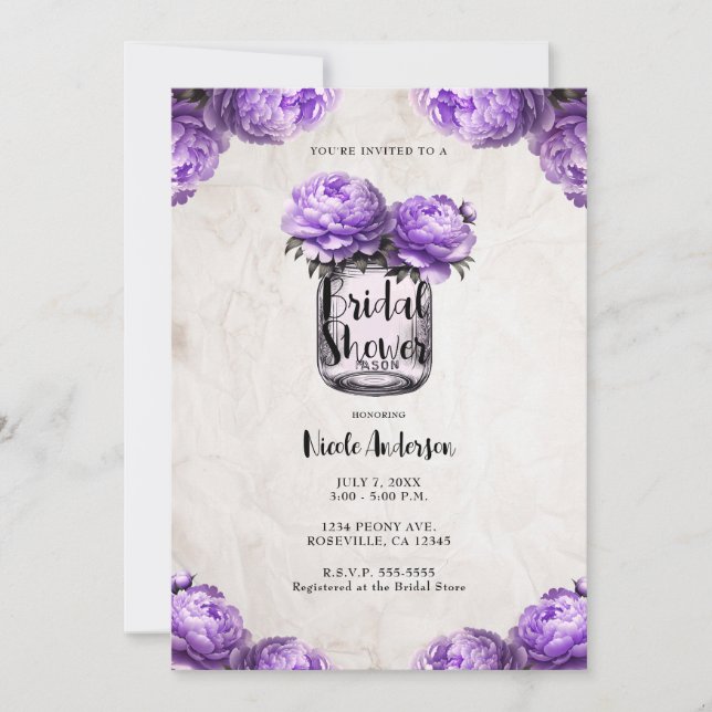 Invitation Lavender Peony Mason Jar Fête des mariées rustique (Devant)