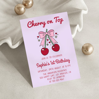 Invitation Lavender Pink Bow Cherry on Top 1st Birthday