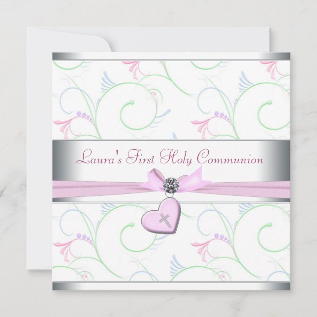 Invitation Lavender Pink Heart Pink Cross First Communion (Devant)