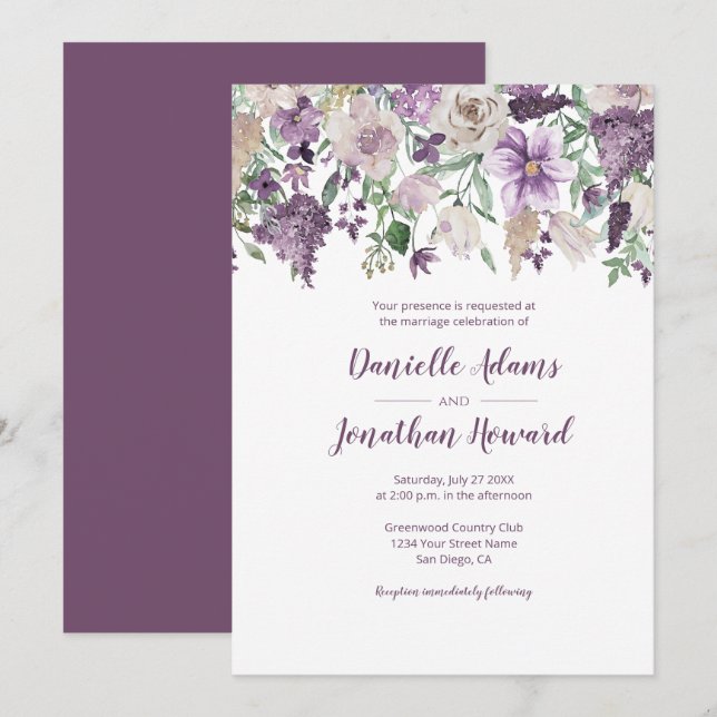 Invitation Lavender Plum Purple Crème Floral Bouquet Mariage (Devant / Derrière)