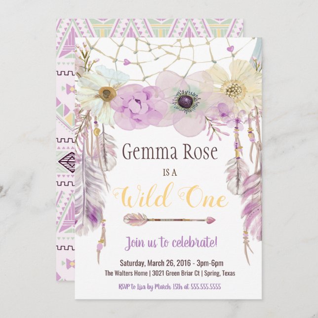 Invitation Lavender & Purple Boho Wild One First Birthday (Devant / Derrière)