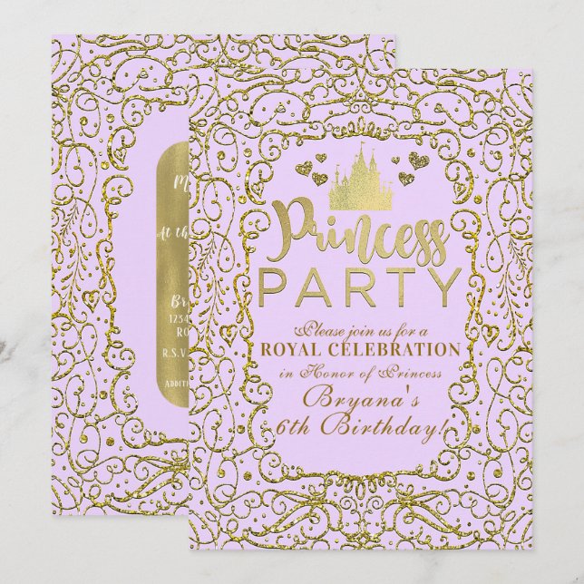 Invitation Lavender Purple Gold Castle Royal PRINCESS PARTI (Devant / Derrière)