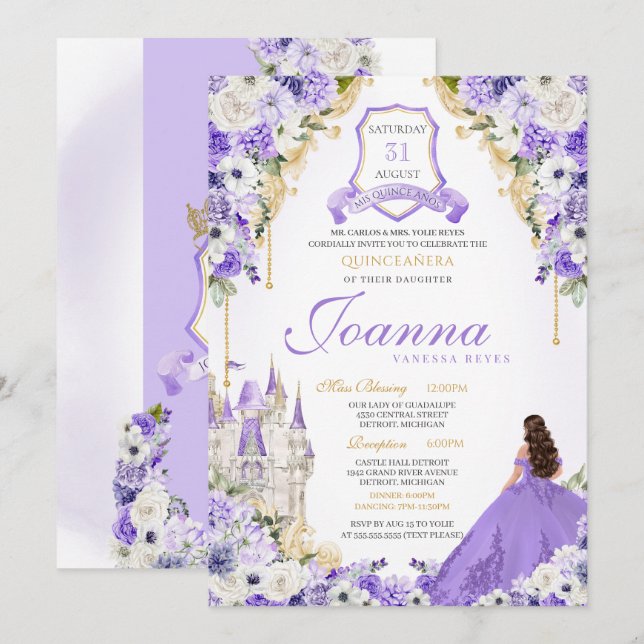 Invitation Lavender Purple Gold Royal Princess Castle Québec (Devant / Derrière)