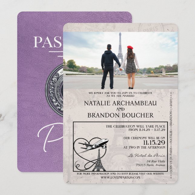 Invitation Lavender Purple Paris Passport Mariage (Devant / Derrière)