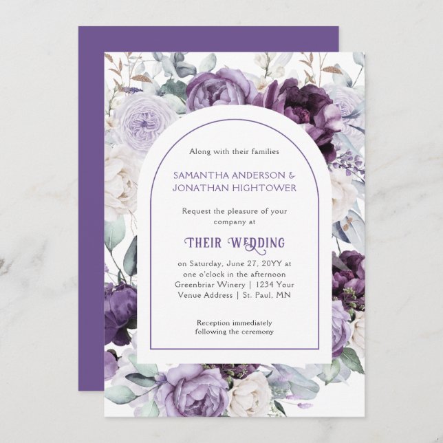 Invitation Lavender Purple Peonies Mariage frontière ovale |  (Devant / Derrière)