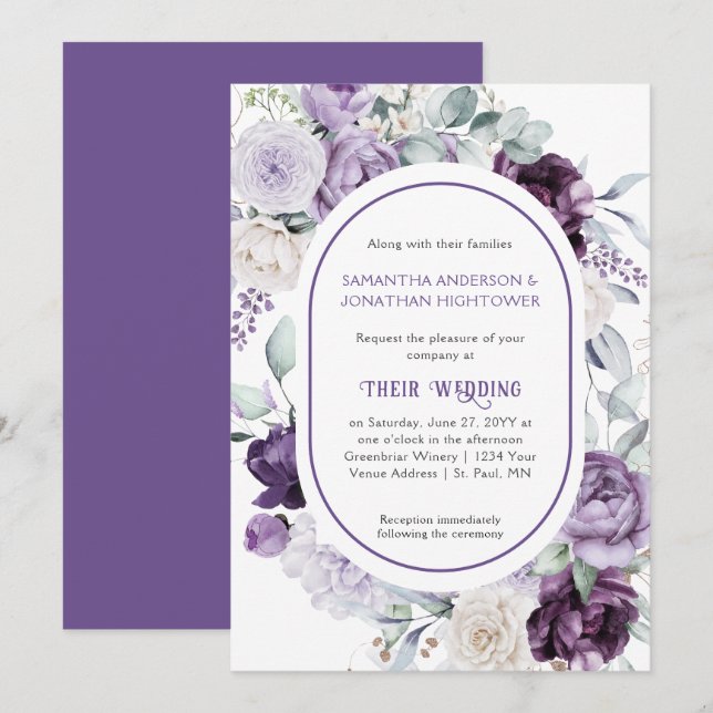 Invitation Lavender Purple Peonies Mariage frontière ovale | (Devant / Derrière)