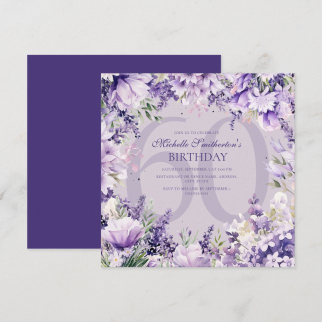 Invitation Lavender Purple Watercolor Floral Age Birthday (Devant / Derrière)