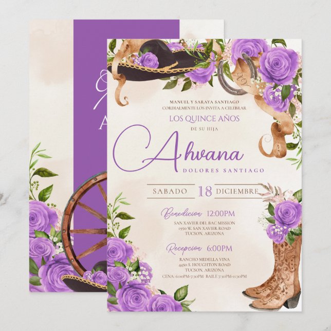 Invitation Lavender Quinceanera Roses Vintage Charro Ouest (Devant / Derrière)