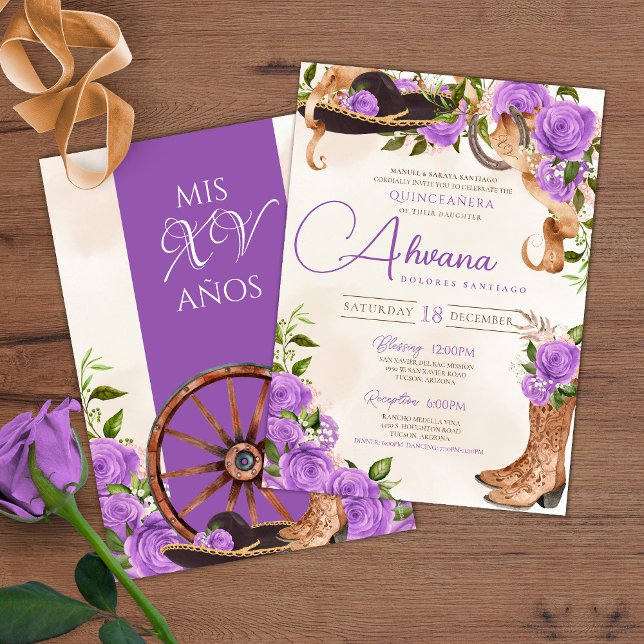 Invitation Lavender Quinceanera violet Rose Charro Ouest (Créateur téléchargé)