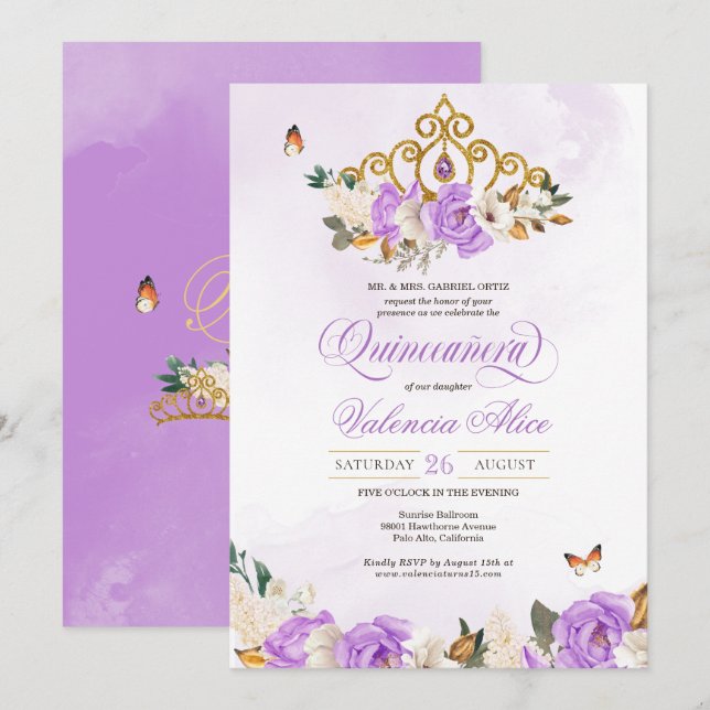 Invitation Lavender Roses Gold Tiara Purple Butple Quince (Devant / Derrière)