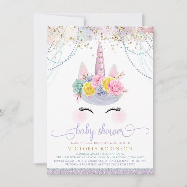 Invitation Lavender Unicorn Baby shower fille (Devant)