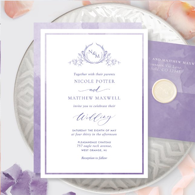 Invitation Lavender, Watercolor Elegant Monogram Wedding (Créateur téléchargé)