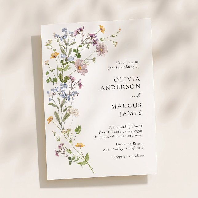 Invitation Lavender Wildflower Spray Refined Wedding (Airy wildflower spray wedding invitation with elegant serif typography and soft watercolor florals)