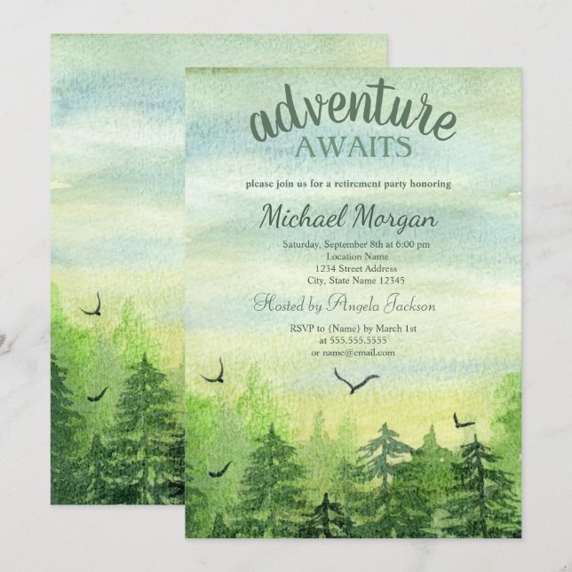 Invitation L'aventure Attend Forêt Montagnes Oiseaux Retraite (Devant / Derrière)