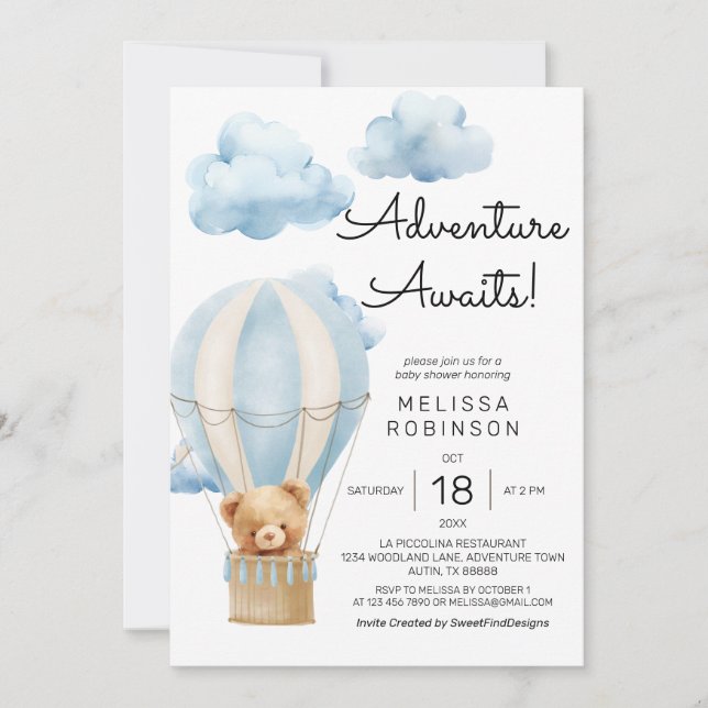 Invitation L'aventure attend l'ours en peluche bébé garçon do (Devant)