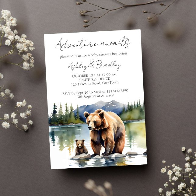 Invitation L'aventure attend un ourson avec baby shower maman (Adventure awaits national park themed baby shower template invitation instant download bear cub)