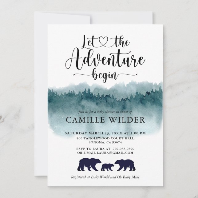 Invitation L'aventure commence aquarelle Montagnes Ours (Devant)