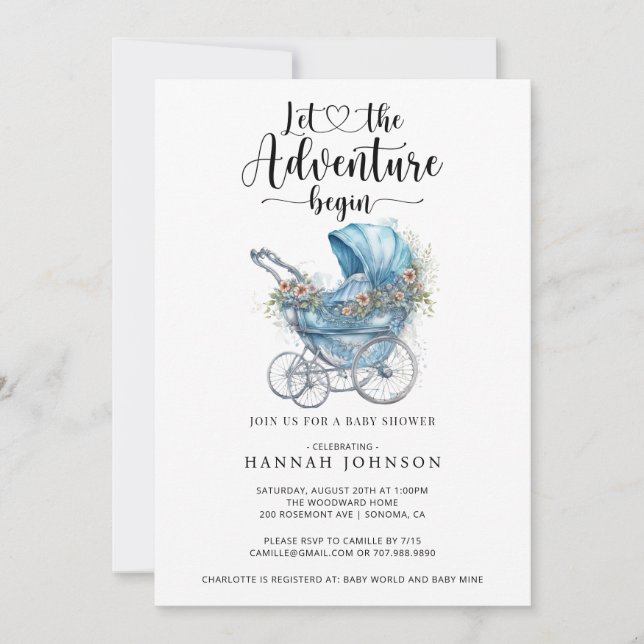 Invitation L'aventure commence Baby shower aquarelle (Devant)