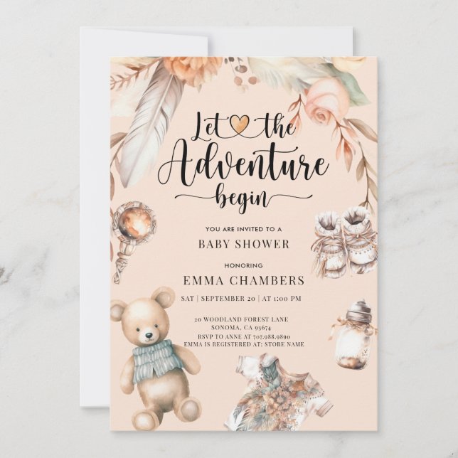 Invitation L'aventure commence Boho Baby shower genre neutre (Devant)