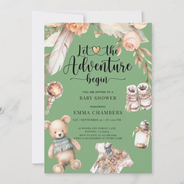 Invitation L'aventure commence Boho Baby shower vert (Devant)