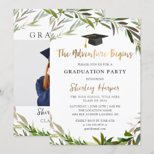 Invitation L'aventure commence Gold Script Green Graduation