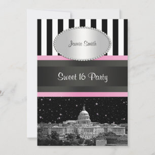 Invitation Laver DC Skyline Bk Wht Strp Rose Sweet 16 Party
