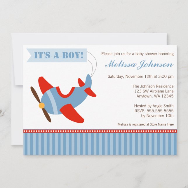 Invitation L'avion barre le baby shower rouge de garçon bleu (Devant)