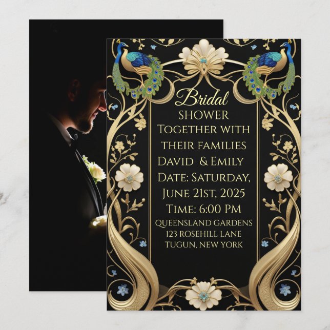 Invitation Lavish Art Nouveau Mariage noir et or Invitati (Devant / Derrière)